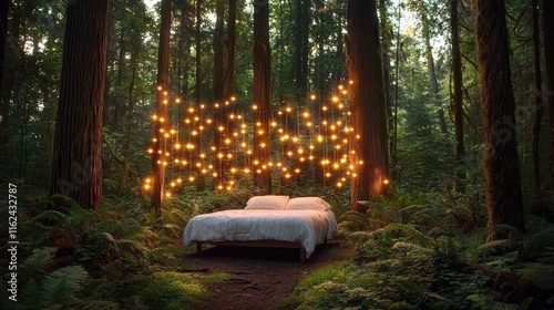 Magical bed surrounded by fairy lights in enchanted forest dreamy landscape nature