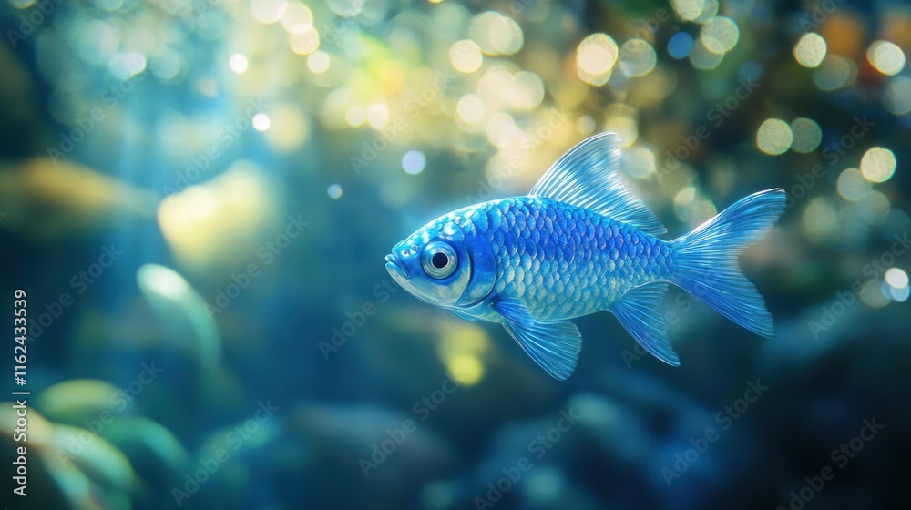 Vibrant Blue Fish Swimming in Underwater Scene with Bokeh Effect Vibrant Blue Fish Swimming in Underwater Scene with Bokeh Effect