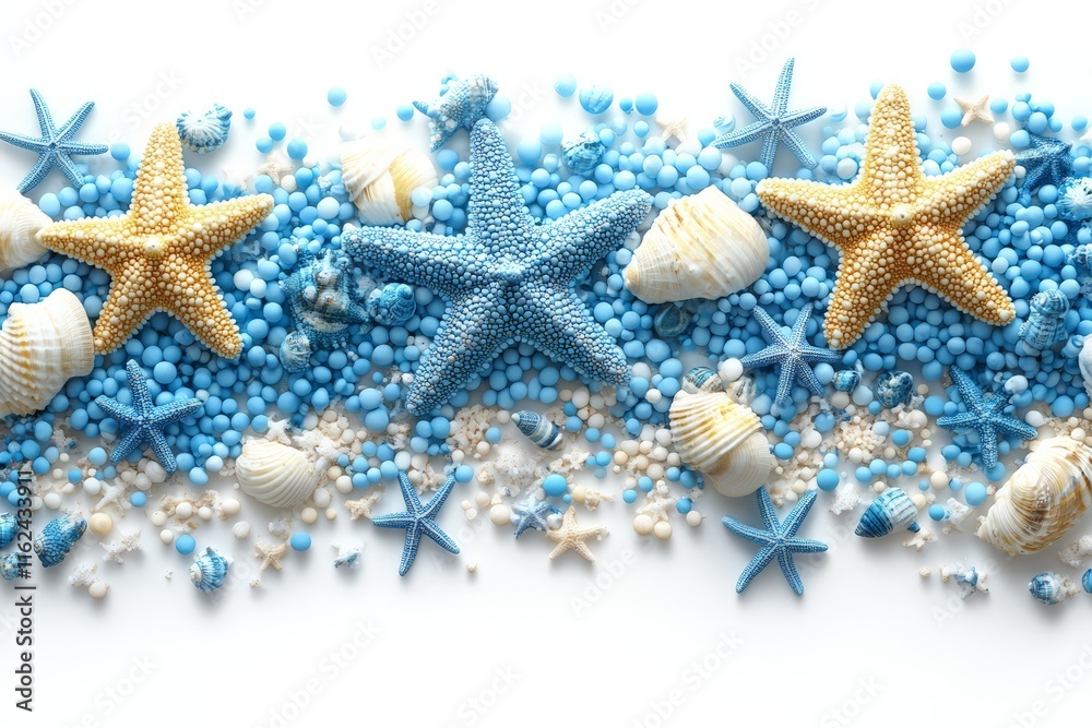 A decorative arrangement of starfish, seashells, and beads in shades of blue and gold. A decorative arrangement of starfish, seashells, and beads in shades of blue and gold.