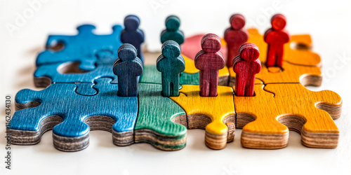 Figurines en bois colorées debout sur des pièces de puzzle emboîtées