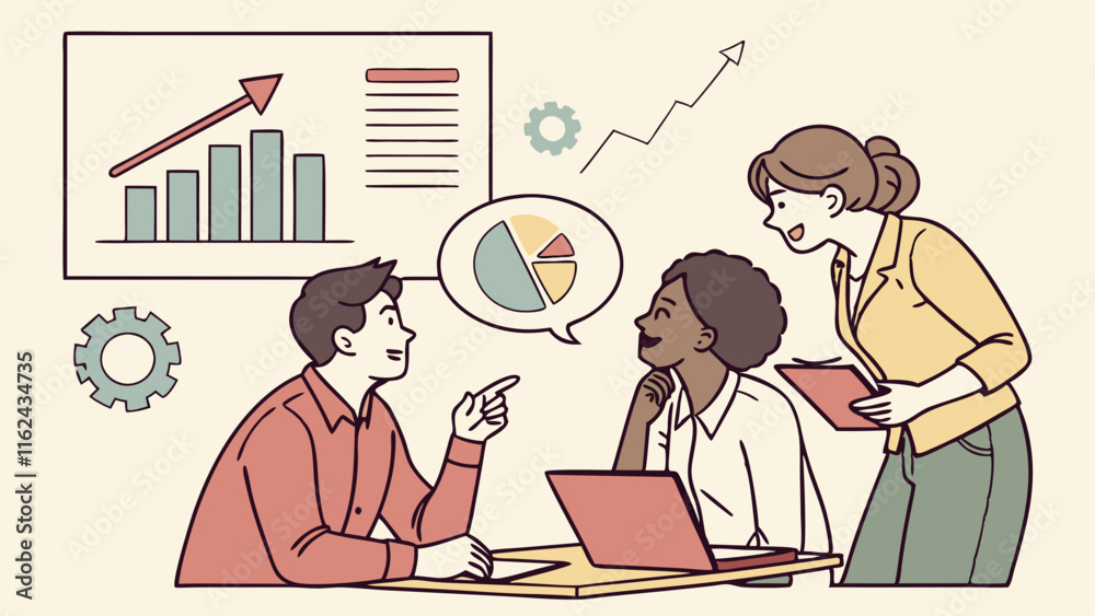 Business Planning concept. Vector illustration in flat style of a group of diverse business people having a discussion at a table with graphs in the background. Business Planning concept. Vector illustration in flat style of a group of diverse business people having a discussion at a table with graphs in the background.