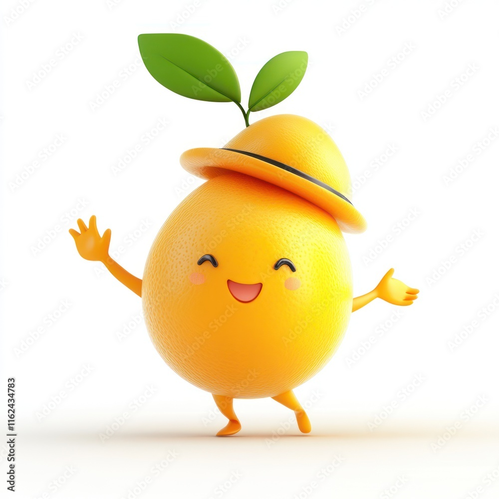 Friendly kumquat with a tiny hat and a cheerful wave. vector style art 3d illustration Isolated on White Background Friendly kumquat with a tiny hat and a cheerful wave. vector style art 3d illustration Isolated on White Background