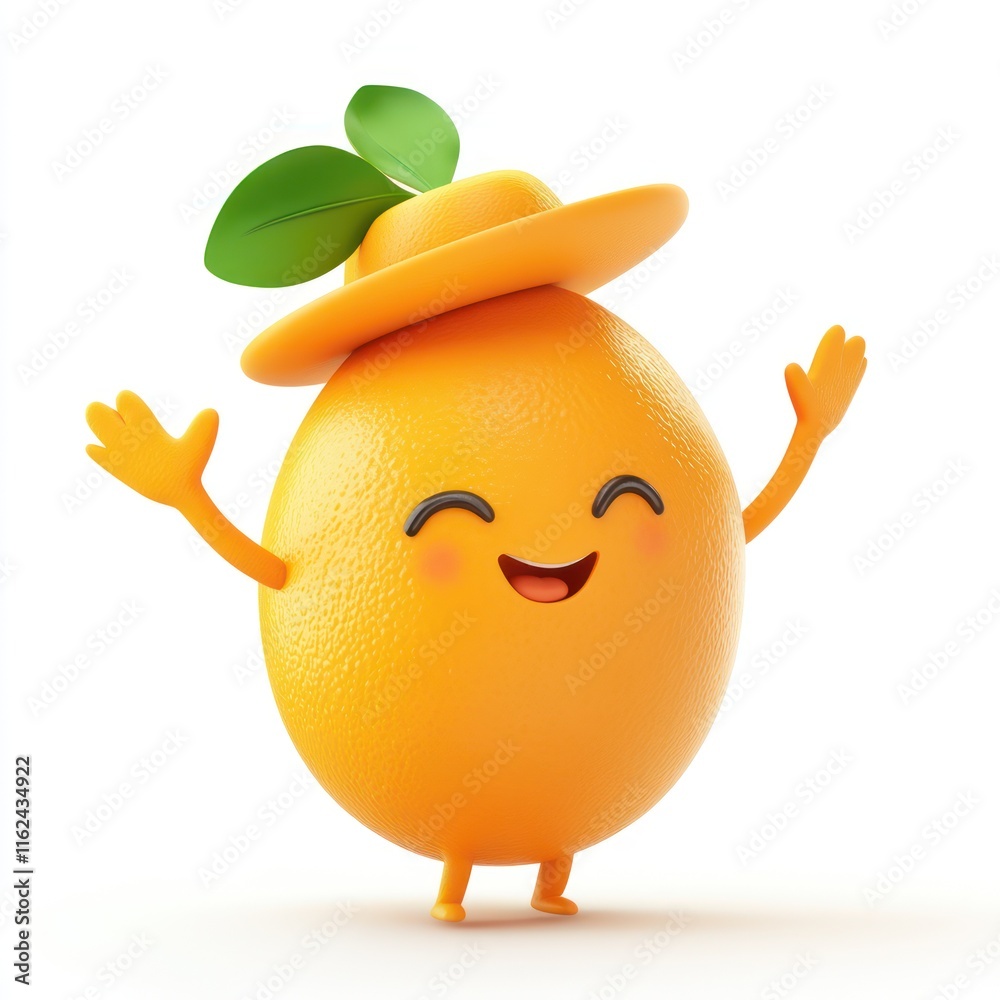Friendly kumquat with a tiny hat and a cheerful wave. vector style art 3d illustration Isolated on White Background Friendly kumquat with a tiny hat and a cheerful wave. vector style art 3d illustration Isolated on White Background
