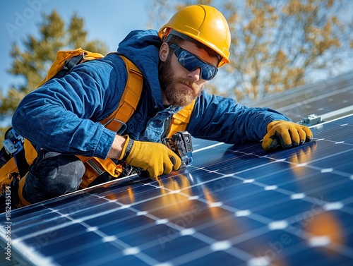 Technicians working on solar panel installation and maintenance for renewable energy. AI generated photo