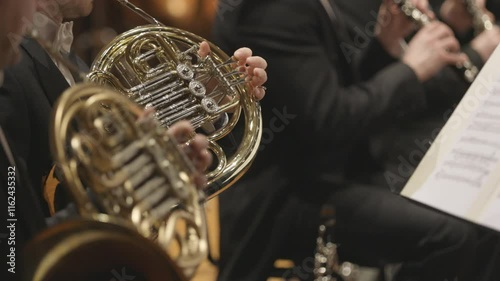 A French horn section performing during a classical symphony orchestra concert. Nr.3
