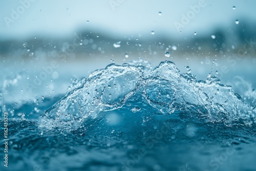 Close-up of splashing water droplets creating ripples on a serene surface.