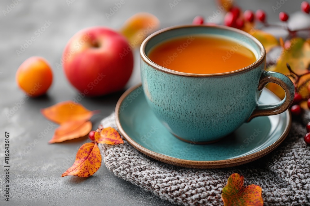 A cozy scene featuring a cup of tea, an apple, and autumn leaves on a textured surface. A cozy scene featuring a cup of tea, an apple, and autumn leaves on a textured surface.