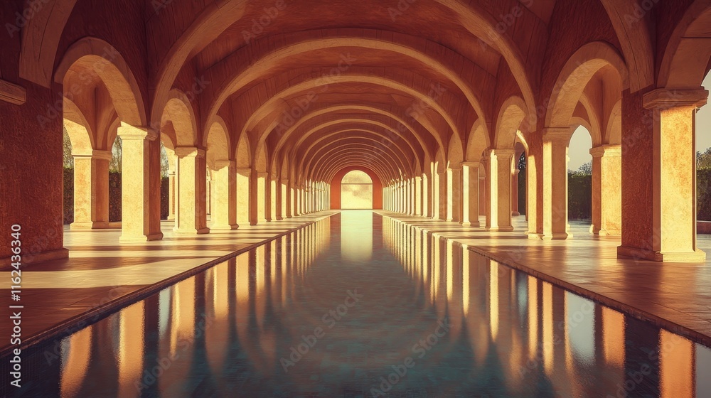 Fototapeta premium Sunlit Columns and Reflective Pool: A Serene Architectural Masterpiece
