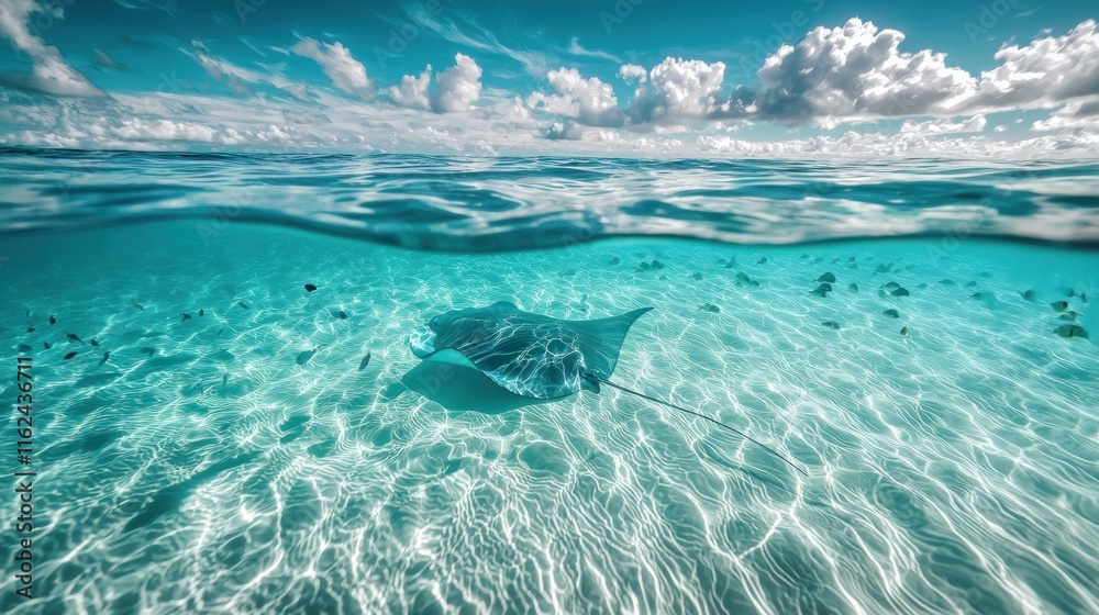 Fototapeta premium Stingray glides through shallow turquoise ocean water under a cloudy sky