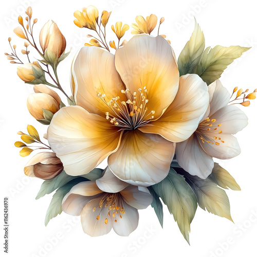 Nature, flowers, clipart watercolor painting of flower, symmetrical pattern, botanical print on white background, vintage style.QW-0520