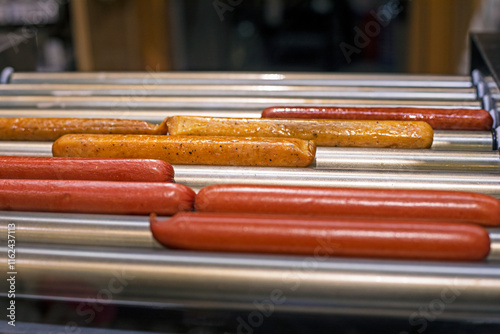 cooking hotdog sausages at a gas station. Quick snack photo