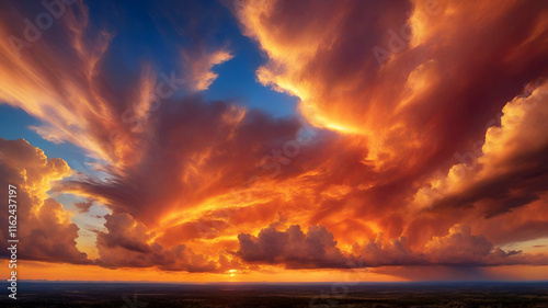 Fototapeta Naklejka Na Ścianę i Meble -  Dramatic sunset sky, fiery orange clouds, intense red atmosphere, golden light, wispy cirrus clouds, vibrant sunset colors, panoramic view, atmospheric evening sky, majestic cloudscape