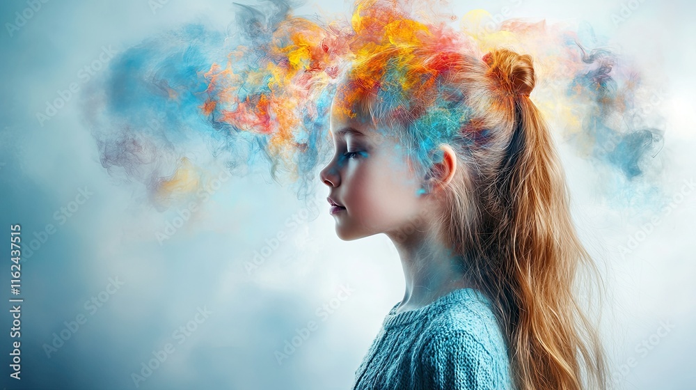 Artistic composition of a young girl’s head dissolving into abstract designs, representing free thoughts, creativity, and self-discovery. Perfect for therapy and wellness. Artistic composition of a young girl’s head dissolving into abstract designs, representing free thoughts, creativity, and self-discovery. Perfect for therapy and wellness.