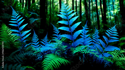 Vibrant blue ferns, Close-up nature photography, Lush forest undergrowth, Neon botanical artwork, Surreal plant life, Intricate leaf patterns, Glowing blue foliage, Ethereal jungle scene