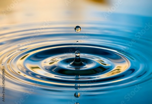 Water drop falling and creating concentric circles on blue water surface photo