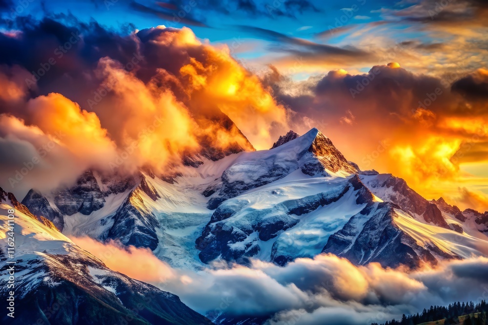 Obraz premium Majestic Snow-Capped Mountain Peaks Piercing Clouds - Breathtaking Landscape Photography