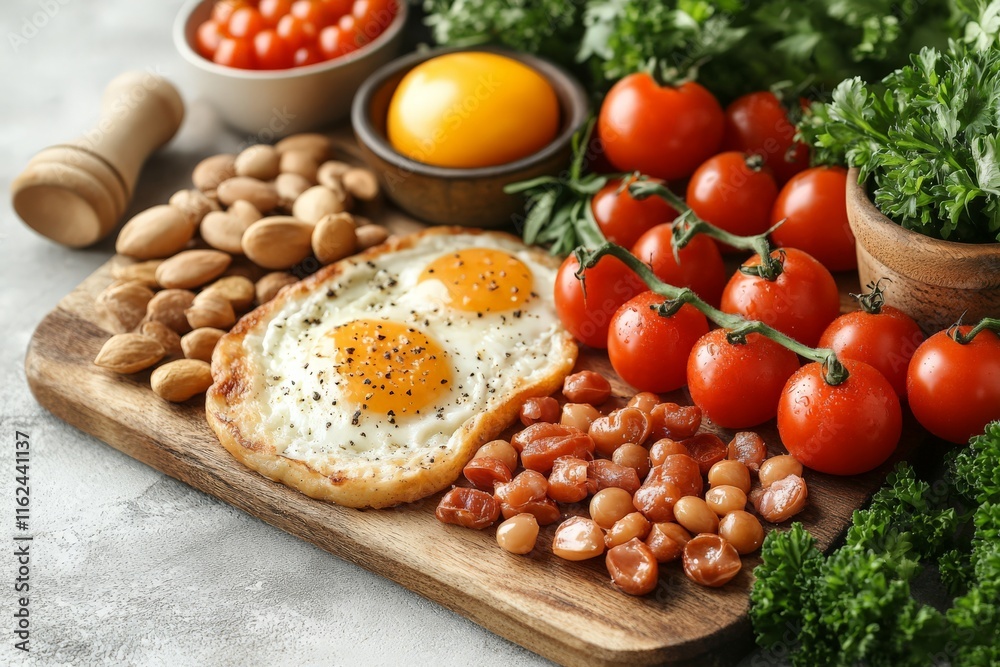 A vibrant arrangement of eggs, nuts, tomatoes, and greens on a wooden board. A vibrant arrangement of eggs, nuts, tomatoes, and greens on a wooden board.