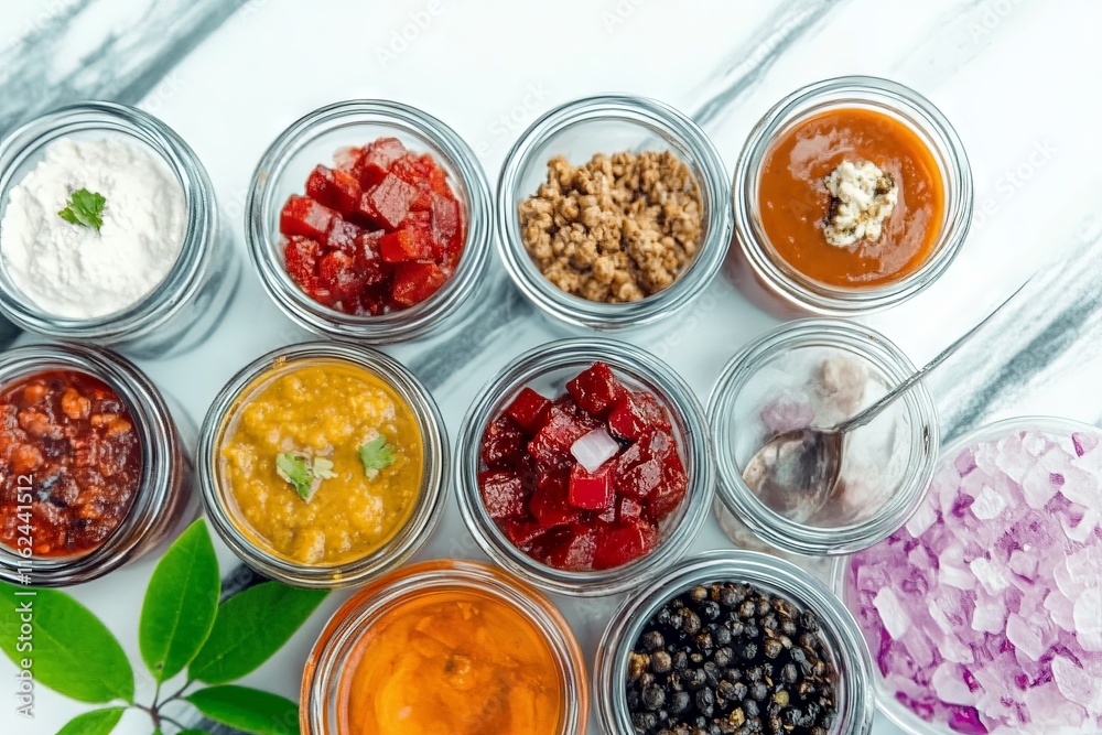 A variety of colorful condiments and toppings in jars, arranged on a marble surface. A variety of colorful condiments and toppings in jars, arranged on a marble surface.