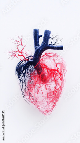 Transparent anatomical model of the human heart, highlighting red arteries and blue veins on a white background.