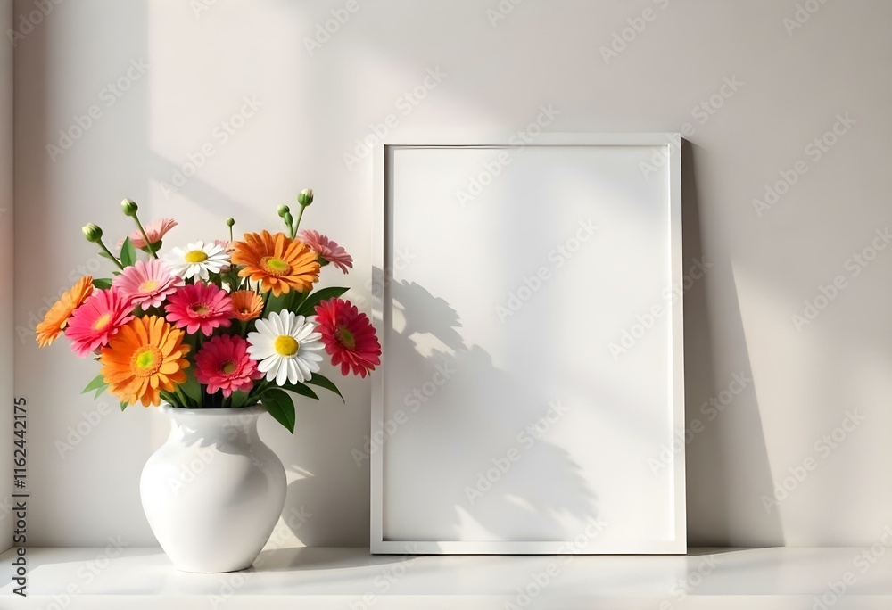 A white framed canvas or poster on a shelf, with a vase of colorful flowers including orange gerbera daisies, pink carnations, and white flowers in the foreground A white framed canvas or poster on a shelf, with a vase of colorful flowers including orange gerbera daisies, pink carnations, and white flowers in the foreground