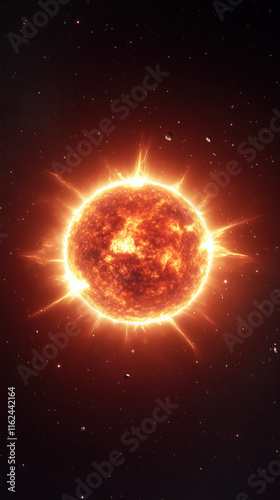 Fiery red giant star surrounded by glowing flares, small asteroids, and scattered stars in deep space.