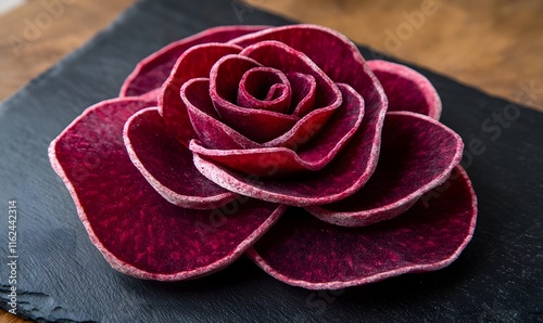 Beetroot rose, carved vegetable flower on slate. photo