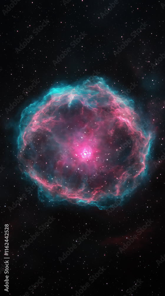 Obraz premium Vibrant nebula in deep space, glowing in pink and teal hues, surrounded by stars and cosmic patterns.