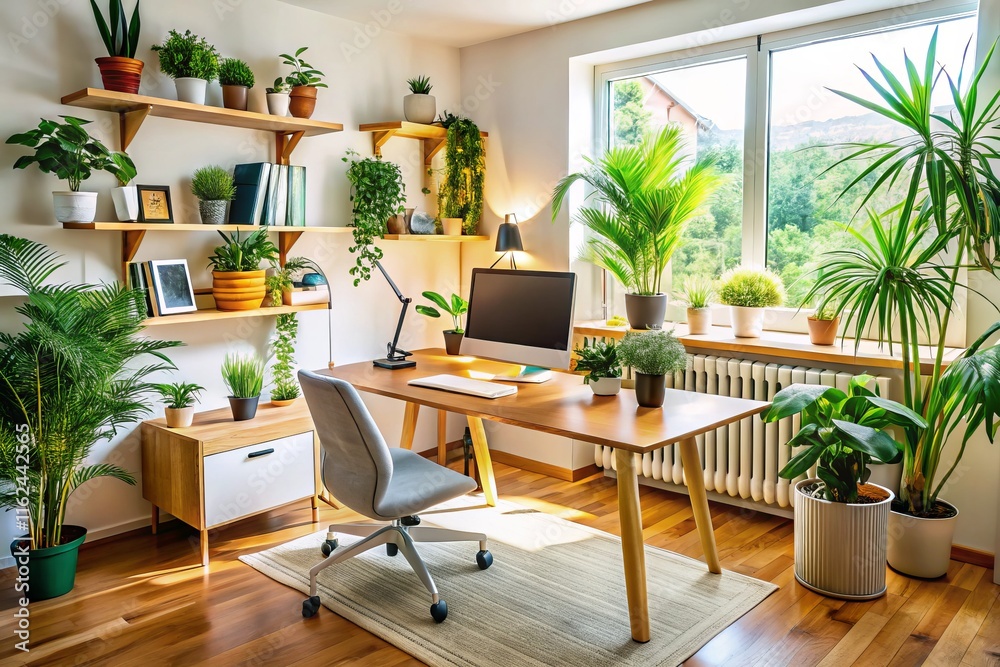 Fototapeta premium Modern Home Office Workspace: Wooden Desk, Plants, Bright & Organized