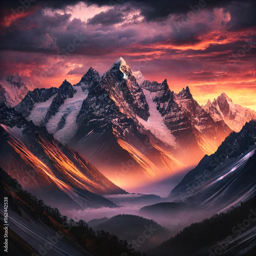 A cinematic view of majestic mountains during sunset, with snow-capped peaks glowing in the warm hues of the setting sun
