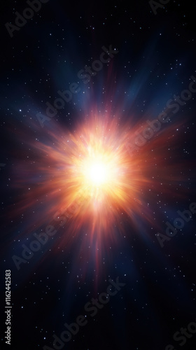 Explosion of a red giant star, depicting a dramatic supernova with radiant light and cosmic debris scattering. photo