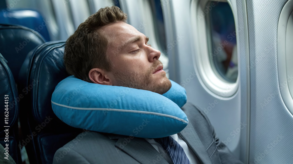 Business Man Sleeping on Plane with Sleep Pillow around Neck, Comfortable Sleep during Airplane Traveling and Transportation Business Man Sleeping on Plane with Sleep Pillow around Neck, Comfortable Sleep during Airplane Traveling and Transportation