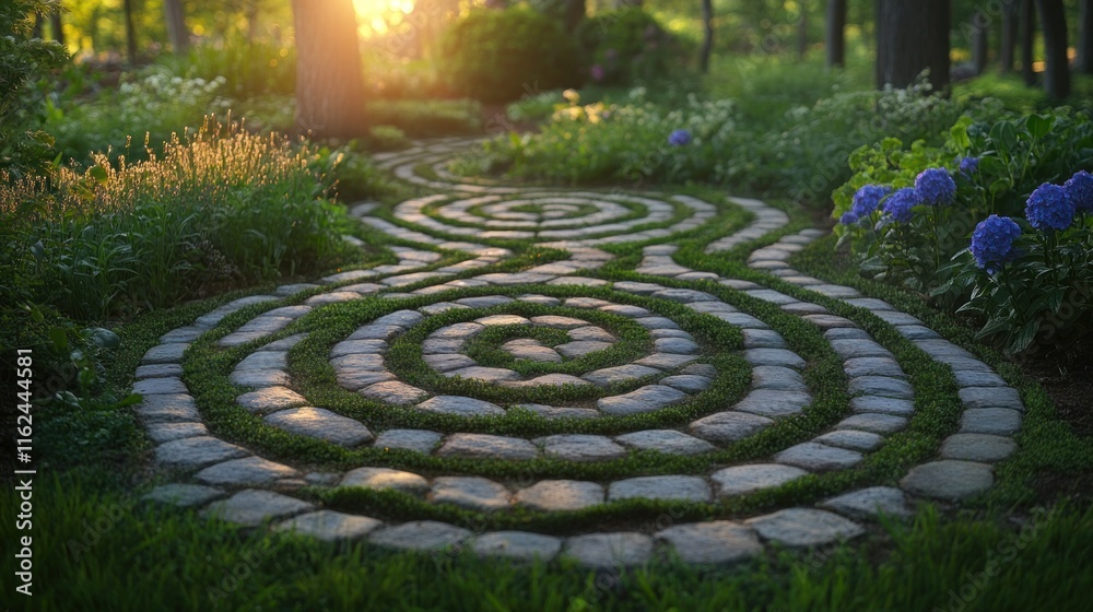 Serene garden path, stone labyrinth in lush green grass at sunset. Serene garden path, stone labyrinth in lush green grass at sunset.