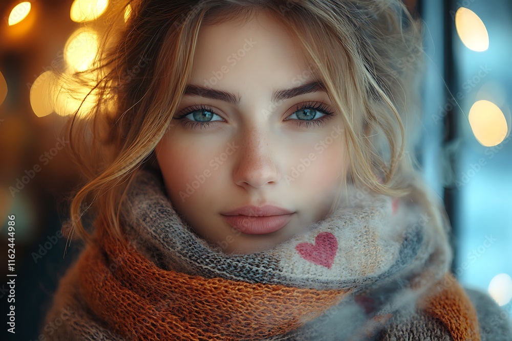 Portrait of a beautiful young woman with blue eyes in a warm scarf Portrait of a beautiful young woman with blue eyes in a warm scarf