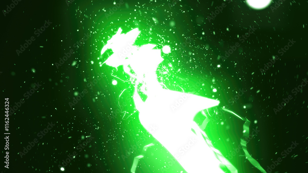 Fototapeta premium Vivid green electric lightning energy bursting in dark space, symbolizing powerful energy, environmental connection, and motion background