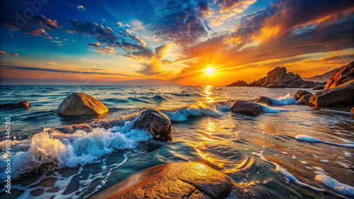 Dramatic coastal sunset with saturated colors and slow shutter effect, showcasing waves crashing against rocks. serene and captivating seascape