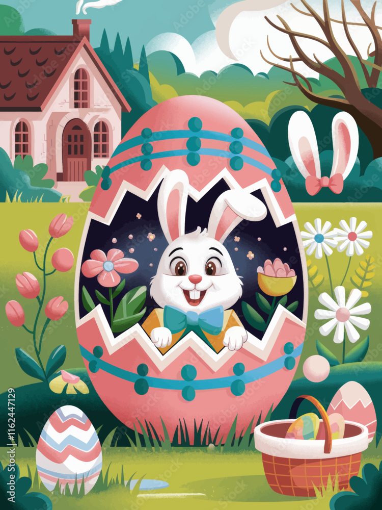 Fototapeta premium Cute Easter Bunny Peeking from a Giant Easter Egg