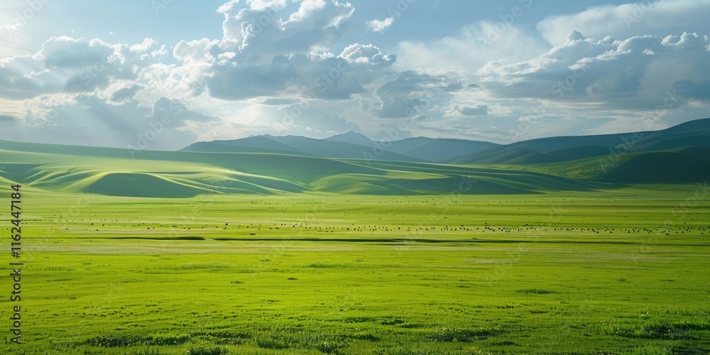 Obraz premium green field sky blue clouds