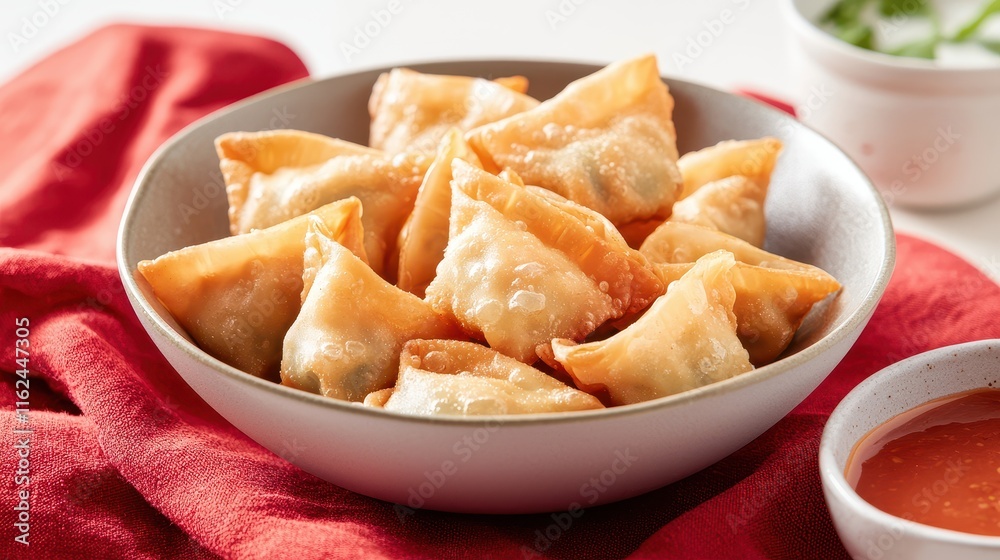 Chinese New Year Food Concept, Crispy Fried Wontons Served in a Bowl with Tangy Dipping Sauce on a Red Cloth Background