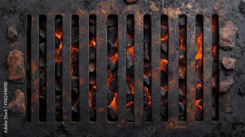 rustic bbq grill surface, industrial metal bars with oxidized texture, burning coal fragments with orange ember glow, top-down perspective, minimalist dark aesthetic