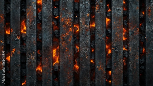 rustic bbq grill surface, industrial metal bars with oxidized texture, burning coal fragments with orange ember glow, top-down perspective, minimalist dark aesthetic