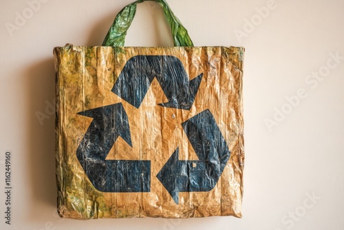 A reusable bag featuring a large recycling symbol, promoting sustainability and eco-friendliness. photo