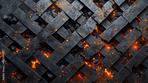 artistically arranged metal grating over hot coals, geometric pattern of parallel steel bars, scattered charcoal pieces with glowing embers, monochromatic with orange accents photo