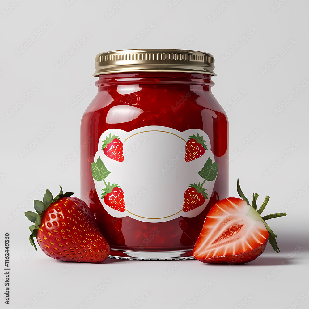 Transparent glass jam jar with a copper metal cap filled with sweet strawberry color jam with a blank white label, surrounded by a few strawberries isolated white background, mock-up Transparent glass jam jar with a copper metal cap filled with sweet strawberry color jam with a blank white label, surrounded by a few strawberries isolated white background, mock-up