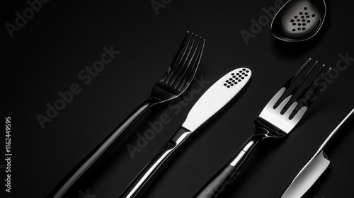 Modern BBQ implements collection, industrial design aesthetic, polished steel utensils, matte black background, dramatic side lighting, commercial photography style, metallic reflections, precise photo