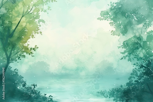 Watercolor Painting of a Misty Forest Landscape with a Lake