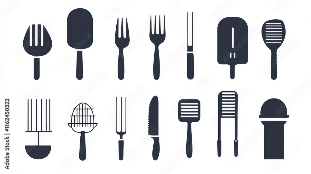 Essential grilling implements icons, sleek barbecue tool designs, minimal black shapes, professional equipment diagrams, crisp vector illustration, technical manual style, systematic layout pattern Essential grilling implements icons, sleek barbecue tool designs, minimal black shapes, professional equipment diagrams, crisp vector illustration, technical manual style, systematic layout pattern