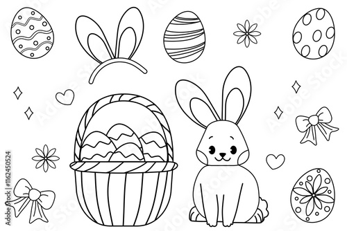 Set of cute happy easter doodle coloring stickers with bunny, eggs and basket. Flat vector illustrations.
