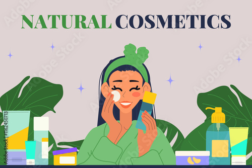 Natural cosmetics. Set with girl and skincare products. Skin care product collection, flat moisturizing cosmetic jars composition with christmas decorations. Skincare set.