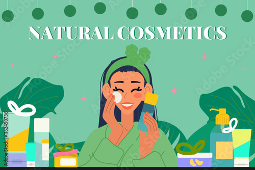 Natural cosmetics. Set with girl and skincare products. Skin care product collection, flat moisturizing cosmetic jars composition with christmas decorations. Skincare set.