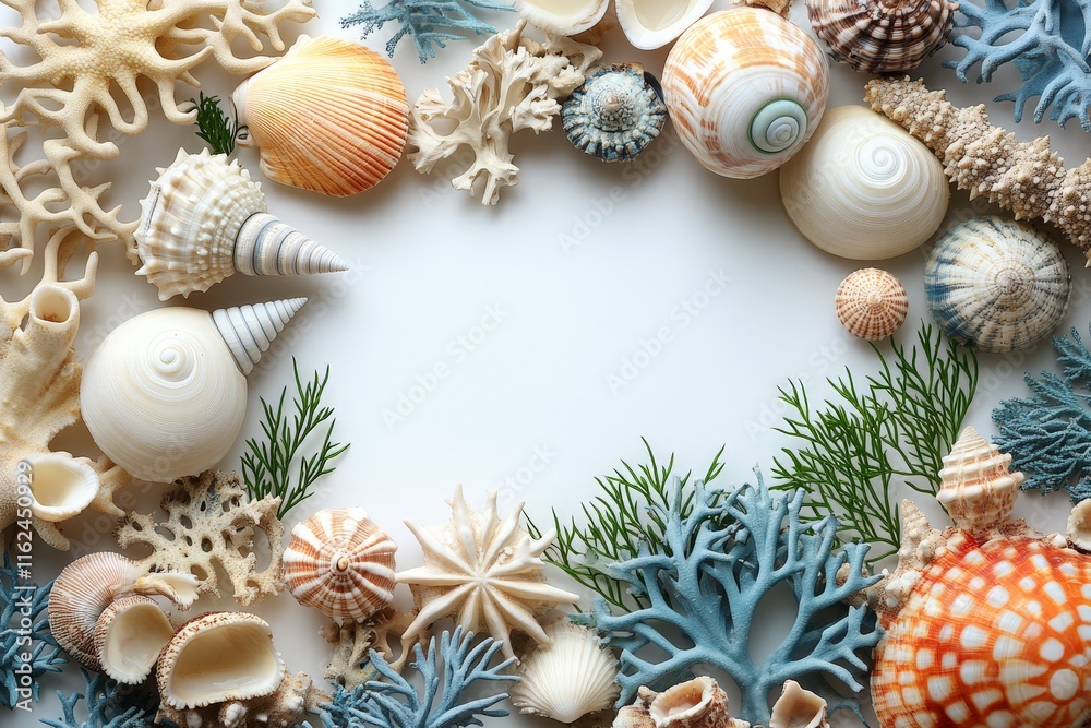 Obraz premium A decorative arrangement of seashells and coral framing a blank space for design purposes.